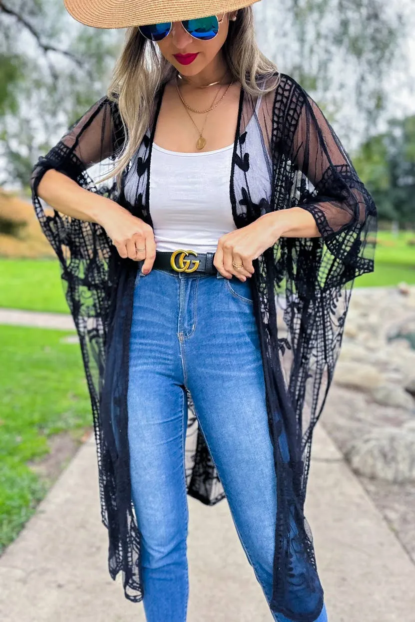 Black Floral Lace Kimono