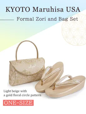 Formal Zori Sandals and Bag Set for TEA ceremony【Light beige with a gold floral circle pattern / ONE-SIZE】