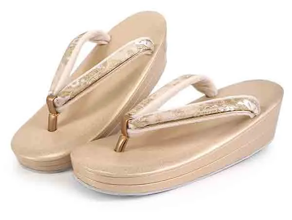 Formal Zori Sandals and Bag Set for TEA ceremony【Light beige with a gold floral circle pattern / ONE-SIZE】